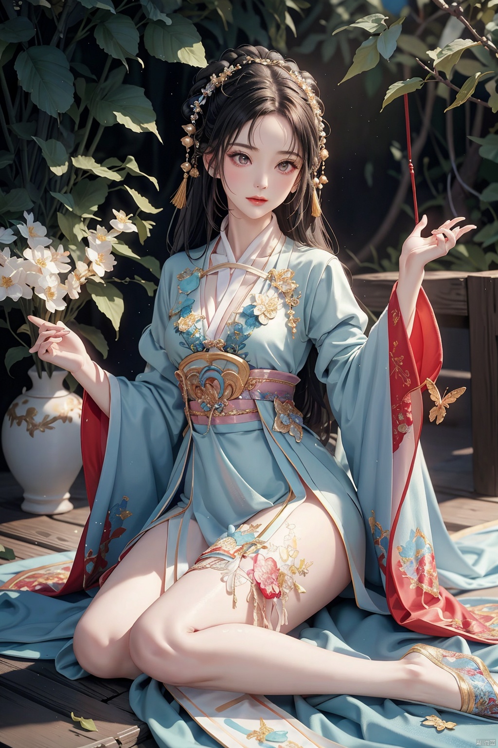  1gril,,hanfu,full body, cloak, QINGYI, shidudou,blue butterfly, in a colorful fantasy realism style, realistic color palette, wink and you miss details,chinese painting\(gongbi\),young woman bathing under a waterfall in an dream like forest,extremely detailed,detailed face,intricate detail,background\(gongbi\),    blue butterfly, in a colorful fantasy realism style, realistic color palette, wink and you miss details, japanese style art, fluid and organic shapes, light teal and light red, light reflection,blue butterfly, in a colorful fantasy realism style, realistic color palette, wink and you miss details,sleeve,flower headband,roses background,4k,8k,round eyes,round pupil,happy,colourful,fantasy magical,complex hair detail,happy,texture on clothings,fireflies,