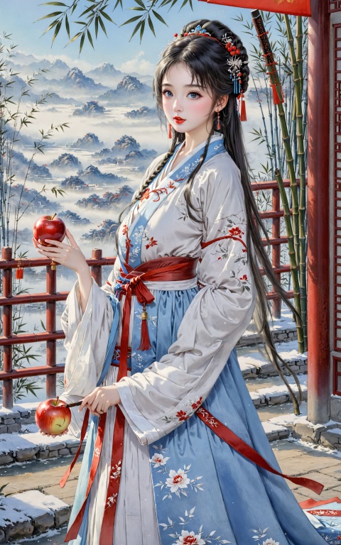  (masterpiece), (best quality), In ancient times, by the bamboo grove in winter, there was a girl dressed in Hanfu. She was very young, with black hair scattered on her shoulders. She carried an unsheathed long knife on her back, had a leather water flask at her waist, and held a red apple in her hand.HDR,UHD,best quality,Highly detailed,masterpiece,Professional,,1girl,solo,hanfu,forehead mark,white hair,long hair,hand fan,facial mark,chinese clothes,hair ornament,looking at viewer,blue eyes,holding,long sleeves,dress,outdoors,day,red lips,sky,breasts,wide sleeves,blue sky,sash,braid,