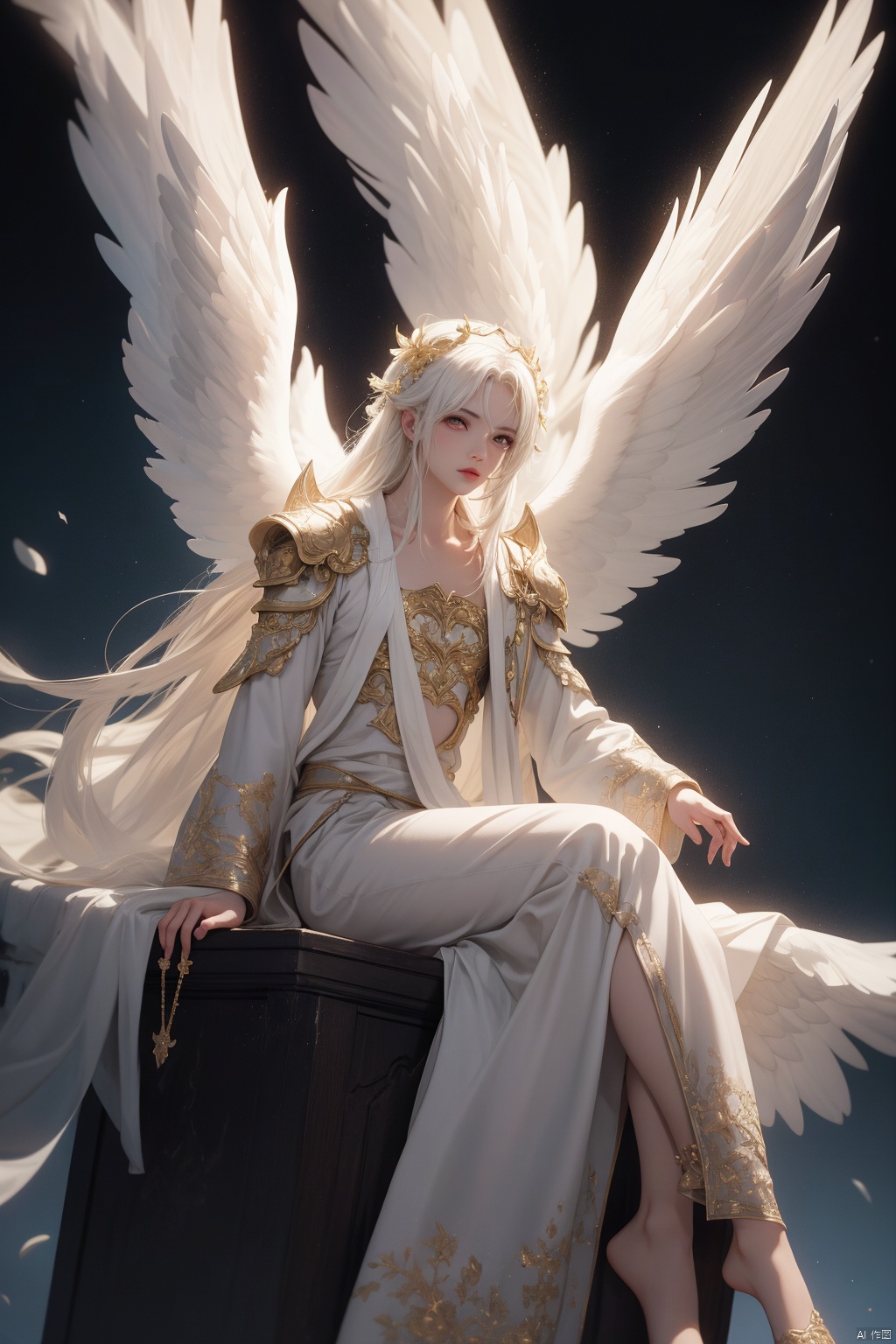  8k, Fluffy White Angel male perched upon golden bejeweled tower in a heavenly utopian city, huge feathery angel wings, glowing nebula eyes, white flowing clouds, ivory armor with diamond gem inlay, trending on artstation, sharp focus, studio photo, intricate details, highly detailed, by tim burton