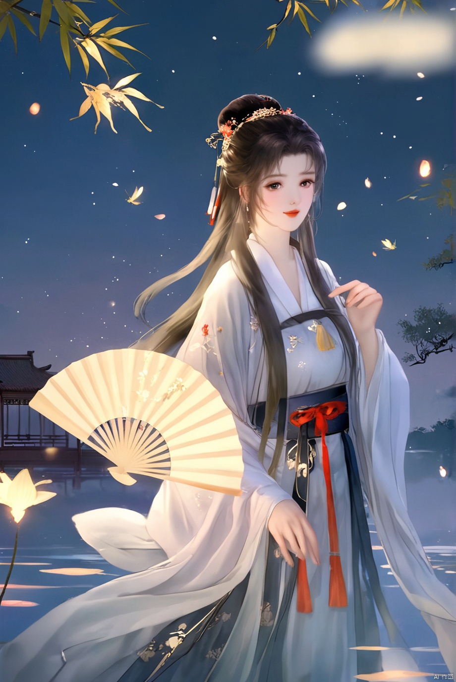 masterpiece,best quality,high quality,(colorful),[Artist miwano rag],[Artist toosaka asagi],[[[Artist wlop]]],[Artist chen bin],Artist Miv4t,1girl, solo, long hair, black hair, hair ornament, dress, sky, hair flower, sash, night, chinese clothes, star \(sky\), night sky, hand fan, lantern, holding fan, paper fan, hanfu,water,lying in the water,(fireflies),bamboo,tree,white theme