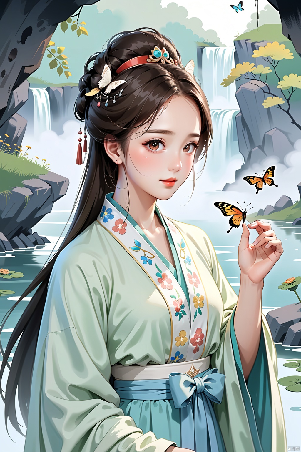  1gril,,hanfu,full body, cloak, QINGYI, shidudou,blue butterfly, in a colorful fantasy realism style, realistic color palette, wink and you miss details,chinese painting\(gongbi\),young woman bathing under a waterfall in an dream like forest,extremely detailed,detailed face,intricate detail,background\(gongbi\),    blue butterfly, in a colorful fantasy realism style, realistic color palette, wink and you miss details, japanese style art, fluid and organic shapes, light teal and light red, light reflection,blue butterfly, in a colorful fantasy realism style, realistic color palette, wink and you miss details,sleeve,flower headband,roses background,4k,8k,round eyes,round pupil,happy,colourful,fantasy magical,complex hair detail,happy,texture on clothings,fireflies,