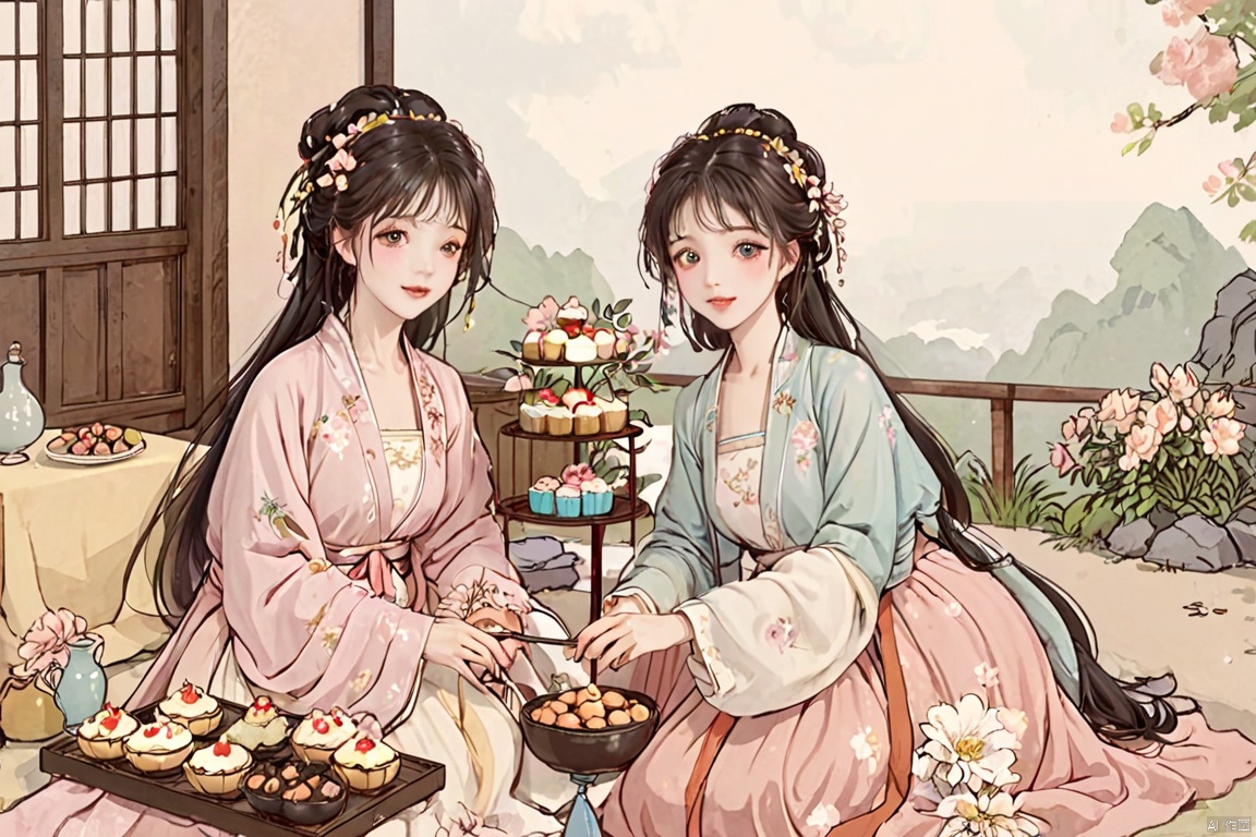  4+ girls, multiple colored hairs, sweet maids, random cute faces, super happy smiling, laughing,group shot, zoom camera, sweet tea party,lots of cakes, macarons, chocolates, parfaits, cookies, land of sweets,hanfu,((harajuku fashion)),((flowers with human eyes, flower eyes)),double exposure,fusion,hanfuray tracing, reflection ligh, HanFu, tianhai