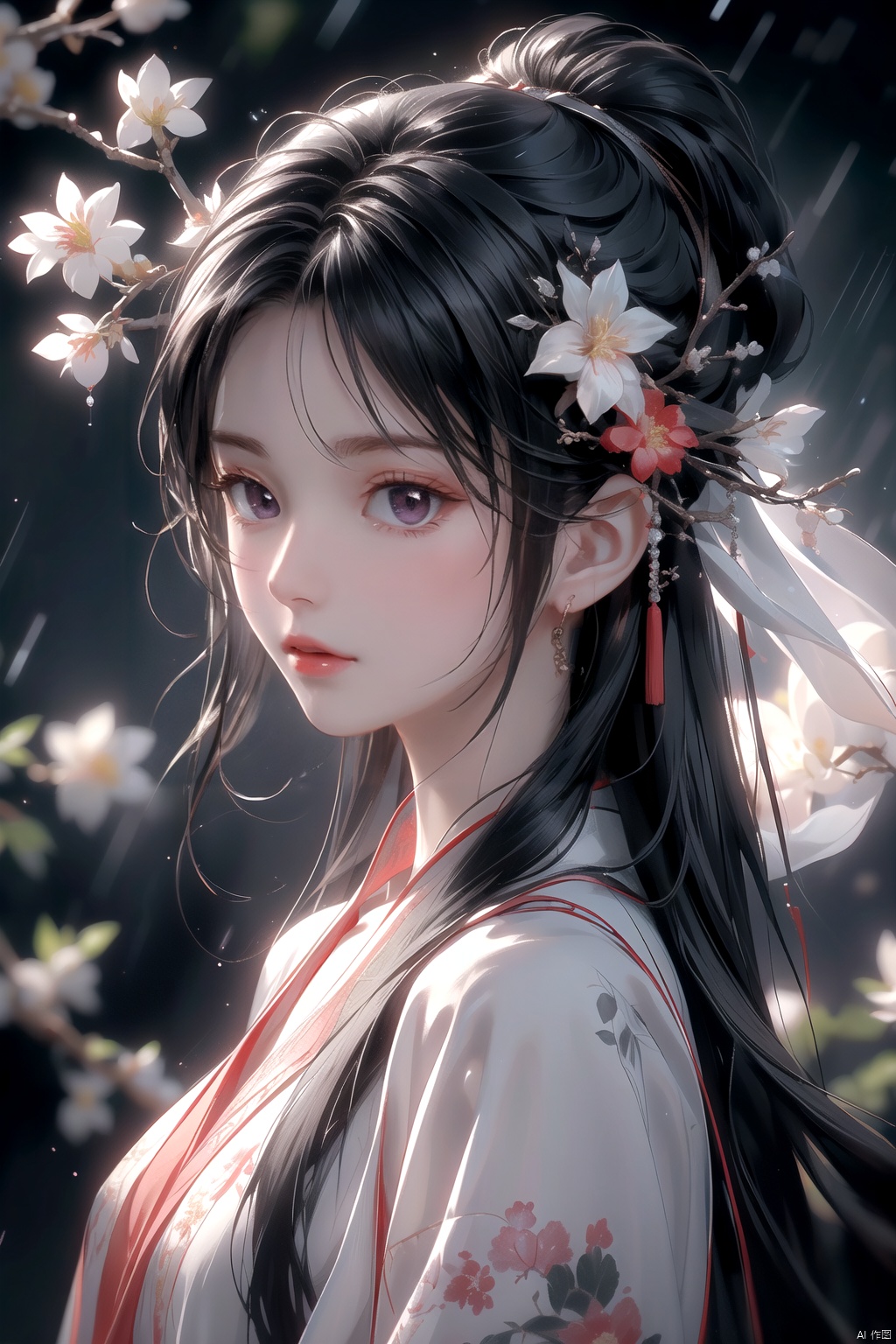 (\yan yu\),rainning,1girl, solo, black hair, long hair, hair ornament, looking at viewer, flower, from side, red lips, hair flower, upper body, lips, closed mouth, realistic, black eyes, looking to the side, nose, branch
