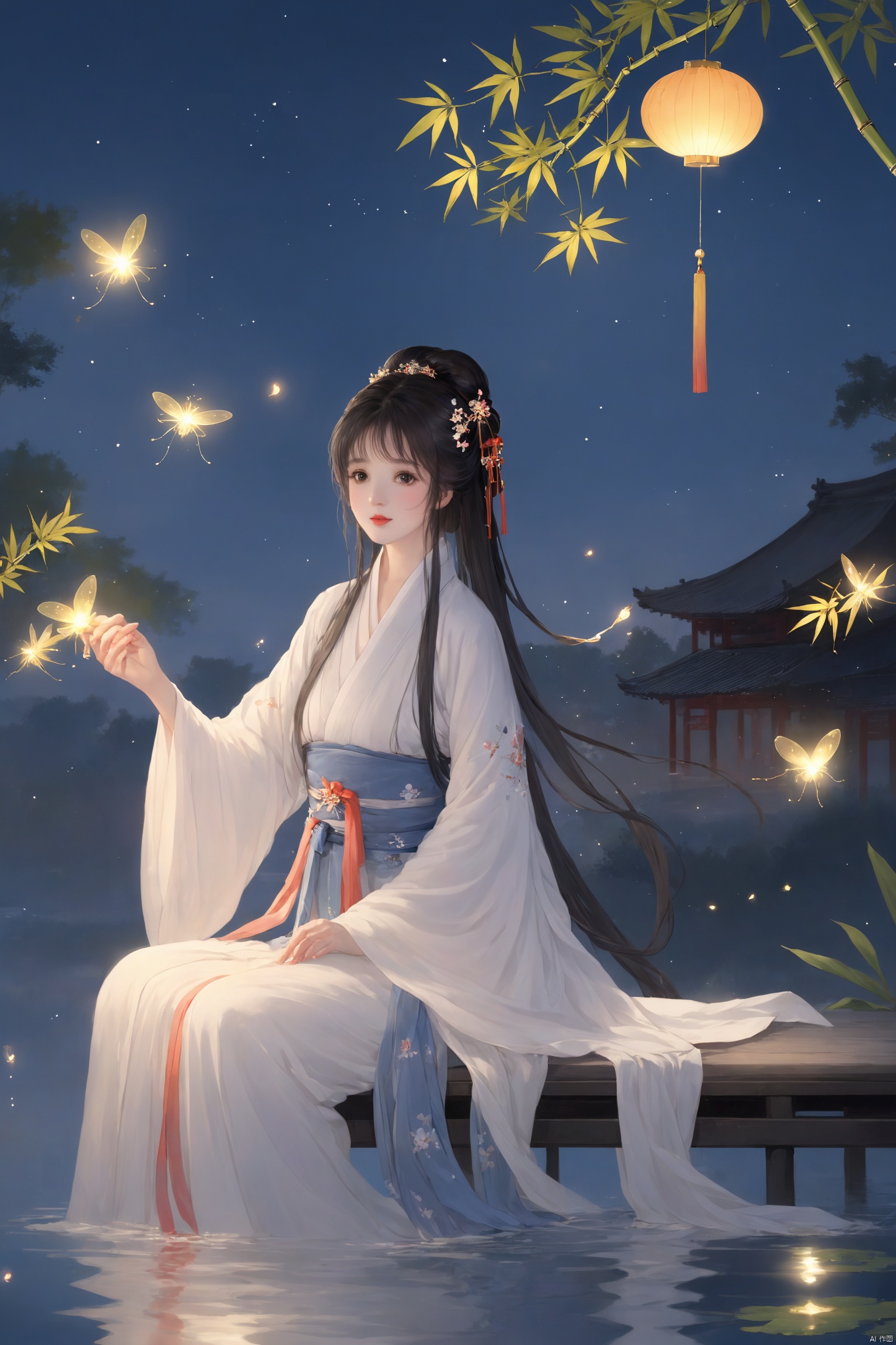 masterpiece,best quality,high quality,(colorful),[Artist miwano rag],[Artist toosaka asagi],[[[Artist wlop]]],[Artist chen bin],Artist Miv4t,1girl, solo, long hair, black hair, hair ornament, dress, sky, hair flower, sash, night, chinese clothes, star \(sky\), night sky, hand fan, lantern, holding fan, paper fan, hanfu,water,lying in the water,(fireflies),bamboo,tree,white theme