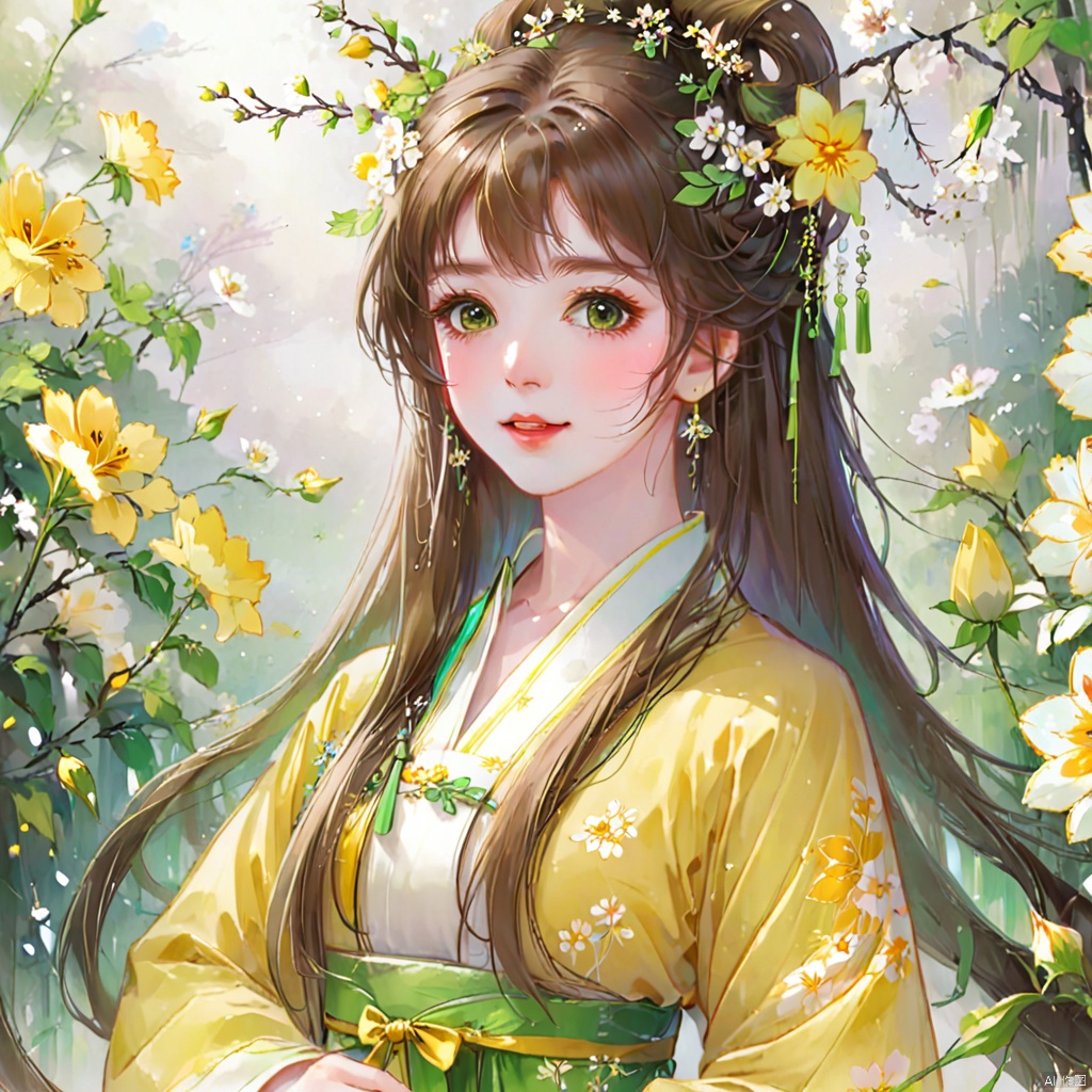  (masterpiece), (best quality), illustration, ultra detailed, hdr, Depth of field, (colorful), loli,1girl, flower, long hair, solo, green eyes, upper body, hair ornament, brown hair, teeth, dress, long sleeves, hanfu,yellow flower, looking at viewer