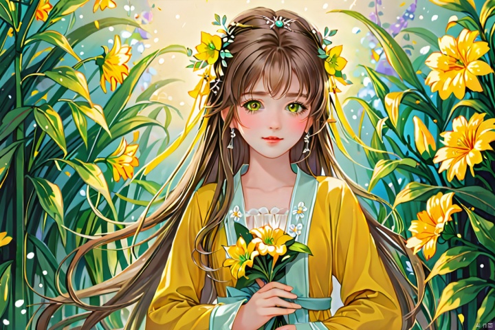  (masterpiece), (best quality), illustration, ultra detailed, hdr, Depth of field, (colorful), loli,1girl, flower, long hair, solo, green eyes, upper body, hair ornament, brown hair, teeth, dress, long sleeves, yellow flower, looking at viewer