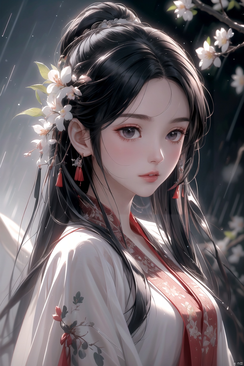 (\yan yu\),rainning,1girl, solo, black hair, long hair, hair ornament, looking at viewer, flower, from side, red lips, hair flower, upper body, lips, closed mouth, realistic, black eyes, looking to the side, nose, branch