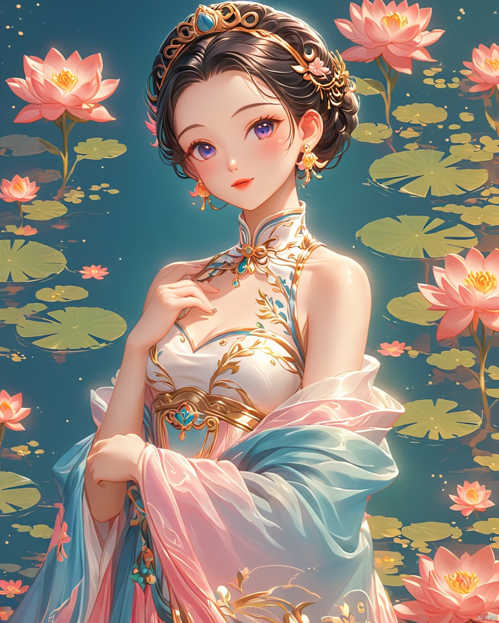  A beautiful woman with a simple lotus flower,Illustration,Minimalismm,dreamlike picture,subtle gradation,calm harmony,elegant use of negative space,graphic design inspired illustrations, Oriental flat aesthetics