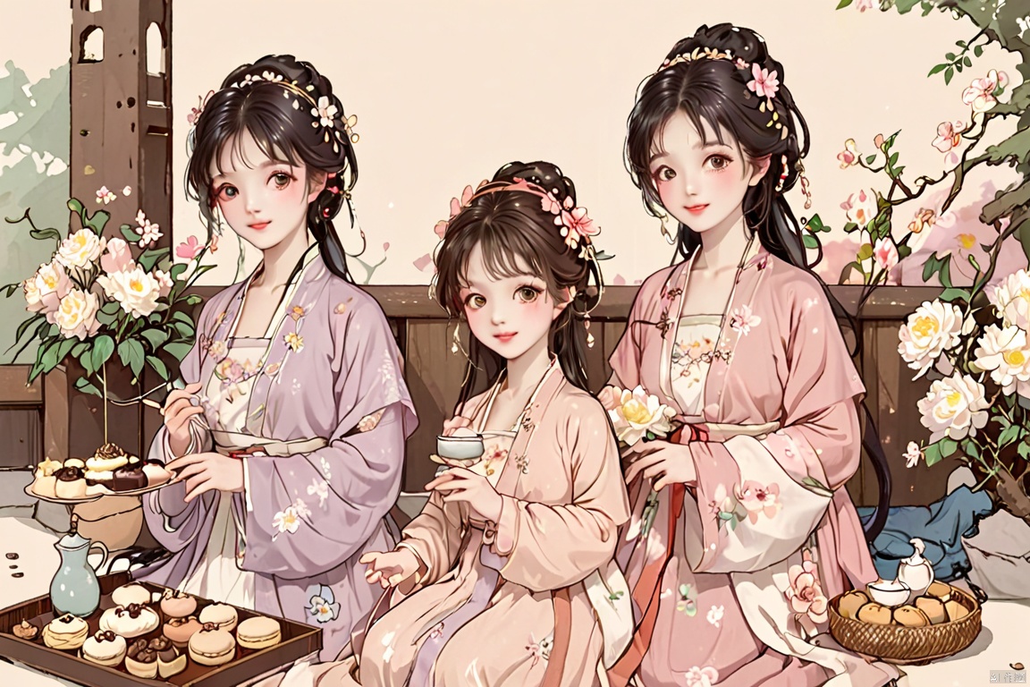  4+ girls, multiple colored hairs, sweet maids, random cute faces, super happy smiling, laughing,group shot, zoom camera, sweet tea party,lots of cakes, macarons, chocolates, parfaits, cookies, land of sweets,hanfu,((harajuku fashion)),((flowers with human eyes, flower eyes)),double exposure,fusion,hanfuray tracing, reflection ligh, HanFu, tianhai