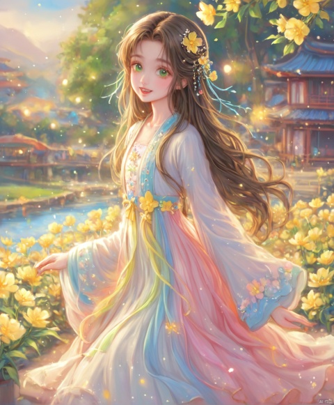  (masterpiece), (best quality), illustration, ultra detailed,full body.barefoot. hdr, Depth of field, (colorful), loli,1girl, flower, long hair, white.hair.solo, green eyes, upper body, hair ornament, brown hair, teeth, dress, long sleeves, hanfu,yellow flower, looking at viewer