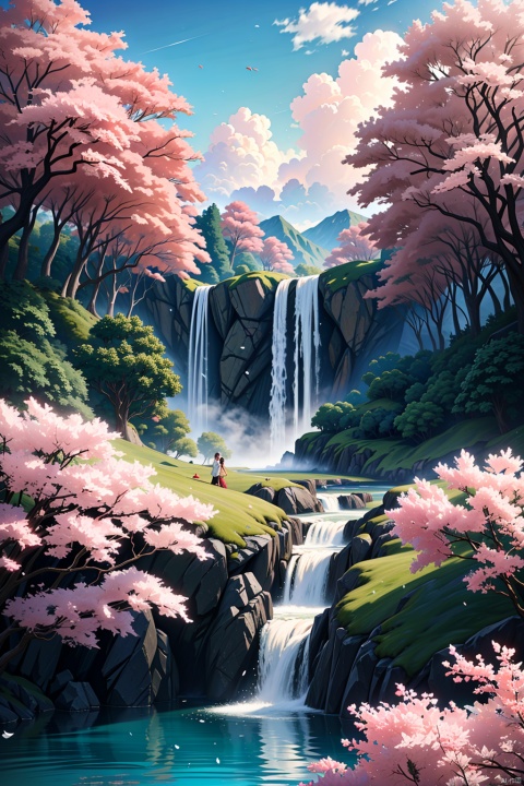  (Landscape painting full of illusory artistic conception), (high waterfall falling from the sky), the waterfall occupies 80% of the entire length of the picture, above the waterfall is the blue sky, rolling white clouds, below the waterfall is the pond, (the water of the pond is floating on the Many scattered (pink peach: 1.3) flowers), (there is a (peach forest: 1.3), (pink: 1.2) flower by the pond), (the setting sun shines slantly through the clouds), vividcolor (light particles Effect), (masterpiece), (extremely exquisite picture description), (8k wallpaper), (master painting), (ink painting style), (obvious light and shadow effect), (ray tracing), (obvious levels), (depth of field) ),(best quality),RAY, desert_sky, Succulent_Plants, Oil-paper umbrella,动漫