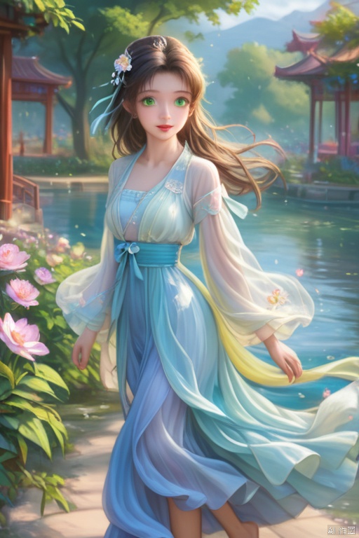  (masterpiece), (best quality), A man and a woman were walking side by side，illustration, ultra detailed,full body.barefoot. hdr, Depth of field, (colorful), loli,1girl, flower, long hair, white.hair.solo, green eyes, upper body, hair ornament, brown hair, teeth, dress, long sleeves, hanfu,yellow flower, looking at viewer