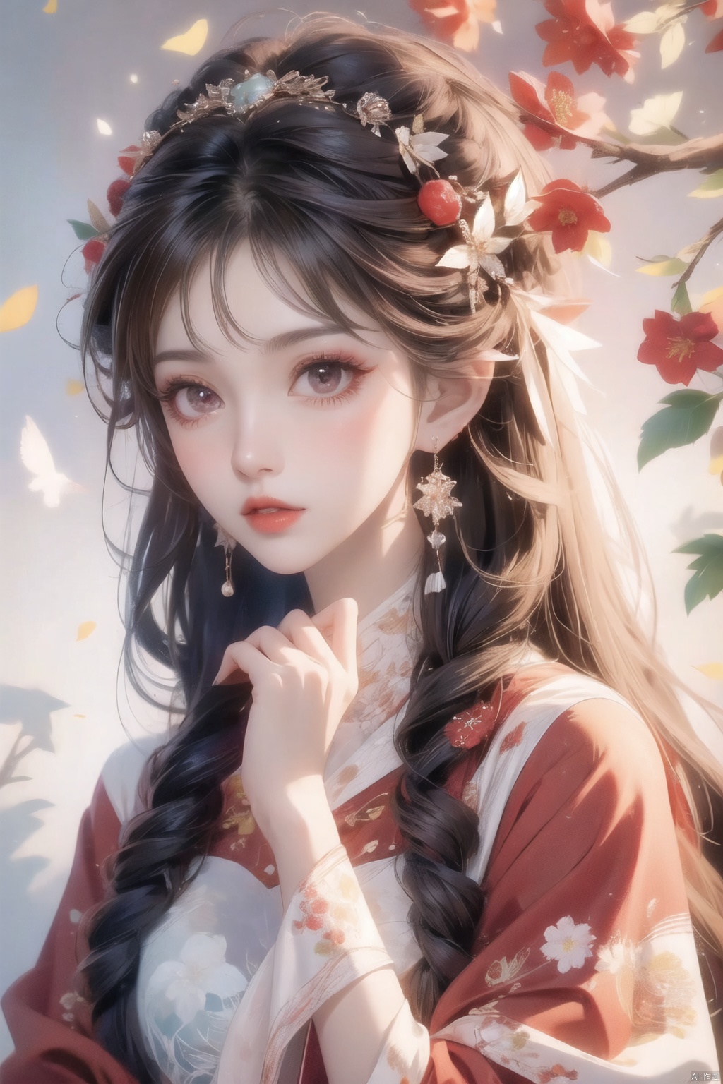 1girl, solo, long hair, black hair, hair accessories, jewelry, closed mouth, upper body, flowers, earrings, blur, side, eyelashes, side, makeup, red background, Chinese costume, red flowers, fringe, branch, red lips, fringe earrings, fruit grain, no hand, very beautiful, masterpiece, best quality, super detail, animation style, key vision, 1 girl