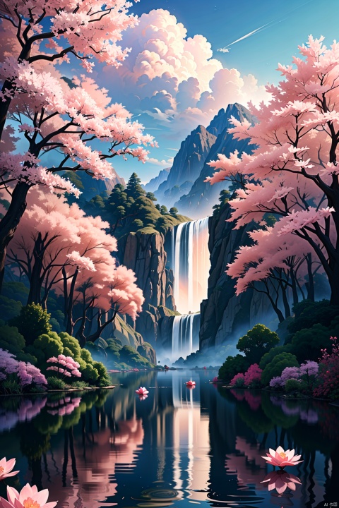  (Landscape painting full of illusory artistic conception), (high waterfall falling from the sky), the waterfall occupies 80% of the entire length of the picture, above the waterfall is the blue sky, rolling white clouds, below the waterfall is the pond, (the water of the pond is floating on the Many scattered (pink peach: 1.3) flowers), (there is a (peach forest: 1.3), (pink: 1.2) flower by the pond), (the setting sun shines slantly through the clouds), vividcolor (light particles Effect), (masterpiece), (extremely exquisite picture description), (8k wallpaper), (master painting), (ink painting style), (obvious light and shadow effect), (ray tracing), (obvious levels), (depth of field) ),(best quality),RAY, desert_sky, Succulent_Plants, Oil-paper umbrella,动漫
