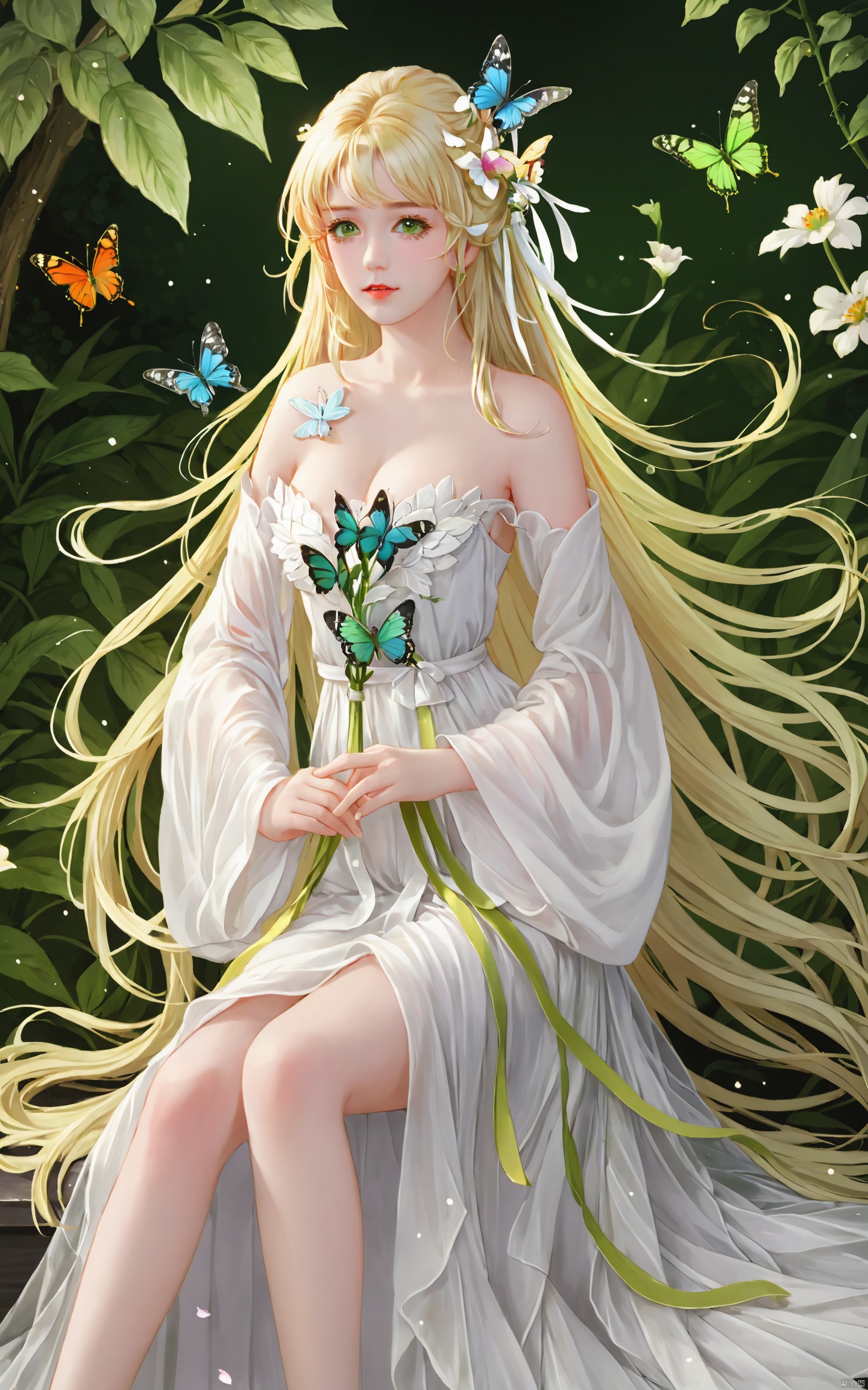  (masterpiece), (best quality), illustration, ultra detailed, hdr, Depth of field, (colorful),1girl, long hair, solo, green eyes, flower, bug, butterfly, hair ornament, blonde hair, sitting, bare legs, bare shoulders, dress, white dress, breasts, hagoromo, white hair