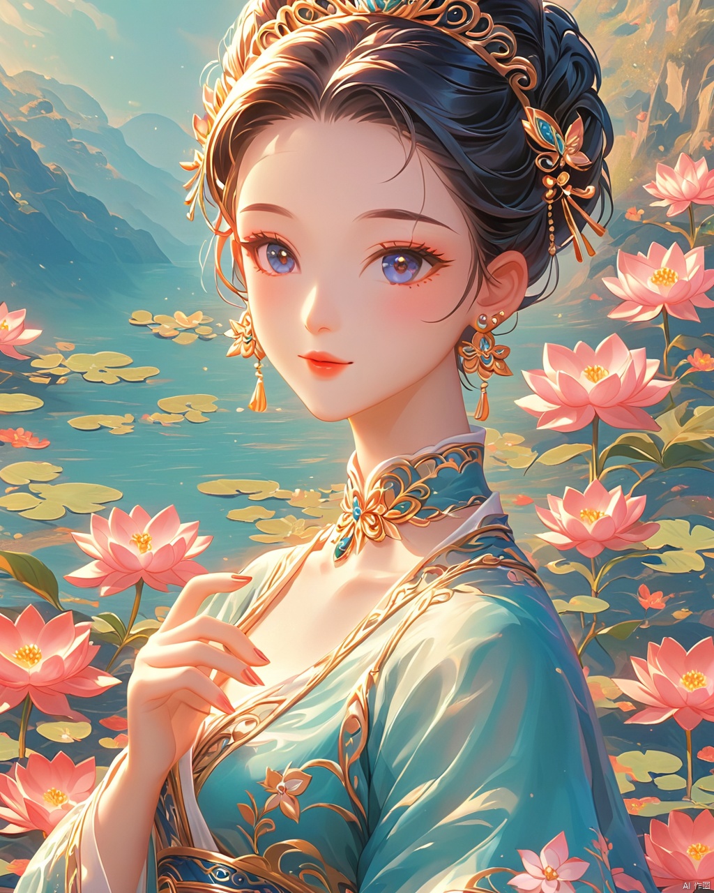  A beautiful woman with a simple lotus flower,Illustration,Minimalismm,dreamlike picture,subtle gradation,calm harmony,elegant use of negative space,graphic design inspired illustrations, Oriental flat aesthetics