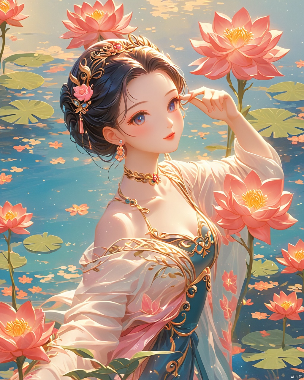  A beautiful woman with a simple lotus flower,Illustration,Minimalismm,dreamlike picture,subtle gradation,calm harmony,elegant use of negative space,graphic design inspired illustrations, Oriental flat aesthetics