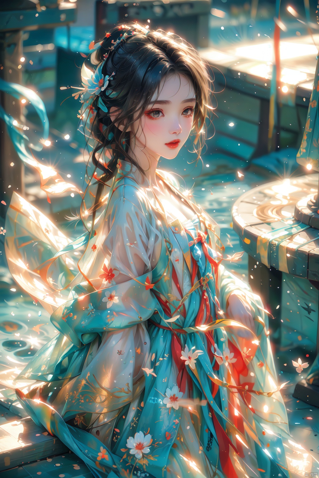  blue butterfly, in a colorful fantasy realism style, realistic color palette, wink and you miss details, japanese style art, fluid and organic shapes, light teal and light red, light reflection, 1 girl