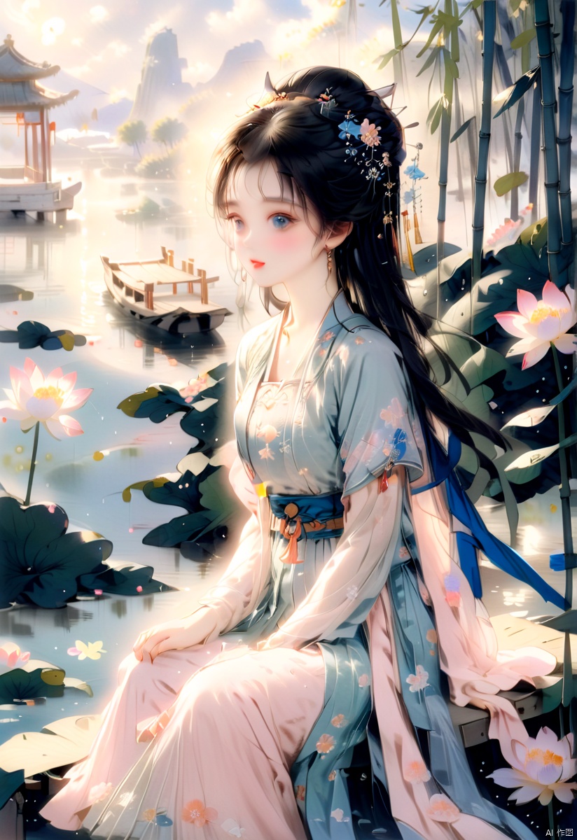  (sunlight, beautiful sky, floating hair, Fisheye lens lens, dynamic angle, distant view, panorama ,overlook,barefoot), ((Ancient_Chinese_architecture)), (short sleeves),with a combination of Morgan colors, Qiu Ying's painting style, And high end color matching, ((A beautiful girl sitting on a bamboo raft in the water, swimming downstream, Huge lotus, rain, (full body), aqua_china_dress)), (bright light,fantasy), ((spotted light)),1 girl, ((black hair, shy, blush)), arien_hanfu, (\hui mou\), dingxianghua, guofeng, Anime style, dunhuang, hanfu, cexz1,cexz2,cexz3,cexz4,cexz5,changexian, dancedress,chinese cloths,song style outfits,bare_foot,stadning,full_body,flowers ,(innocent grey),fox girl,fairy, traditional chinese ink painting