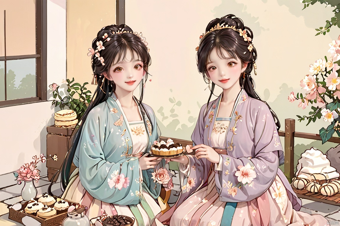  4+ girls, multiple colored hairs, sweet maids, random cute faces, super happy smiling, laughing,group shot, zoom camera, sweet tea party,lots of cakes, macarons, chocolates, parfaits, cookies, land of sweets,hanfu,((harajuku fashion)),((flowers with human eyes, flower eyes)),double exposure,fusion,hanfuray tracing, reflection ligh, HanFu, tianhai