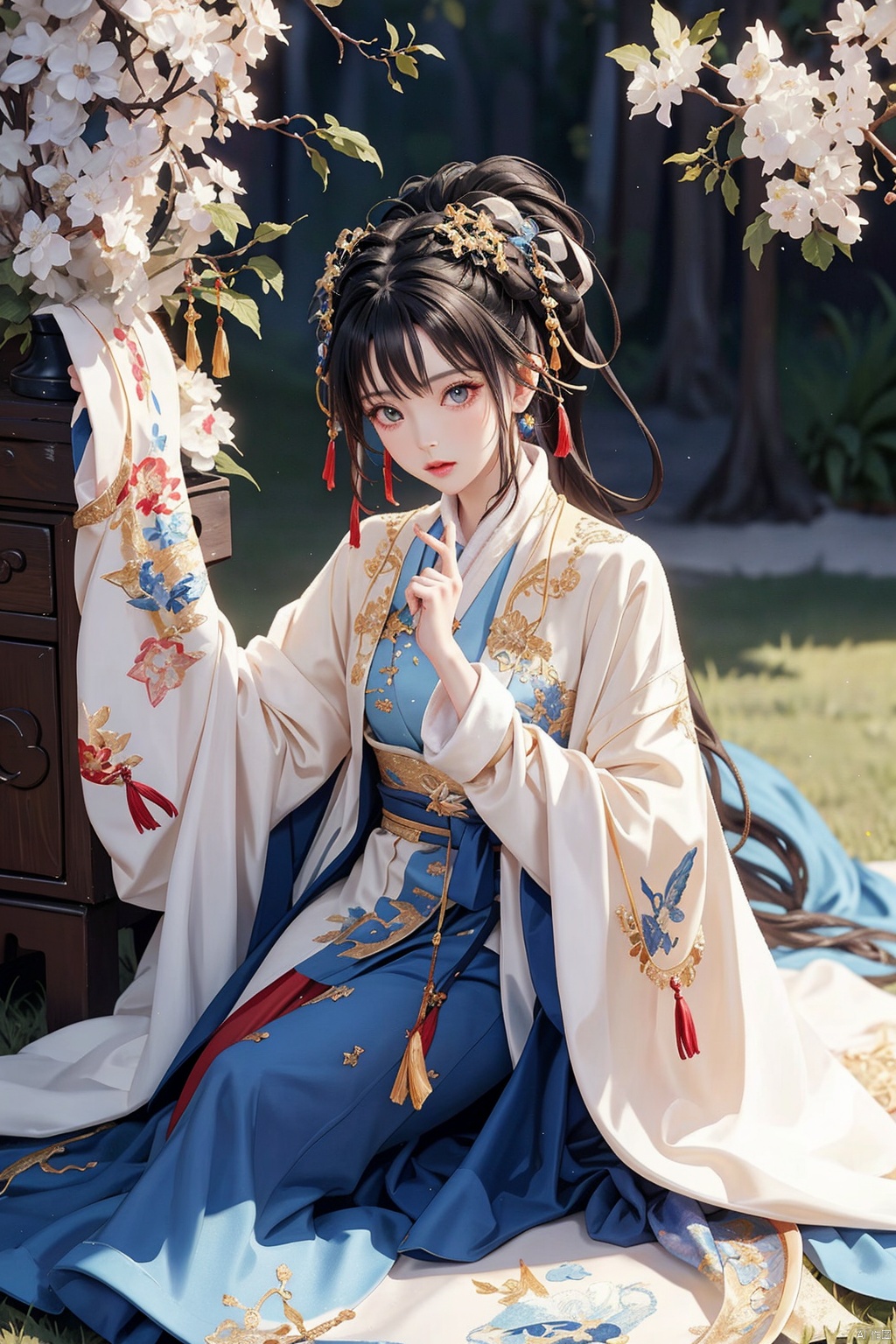  1gril,,hanfu,full body, cloak, QINGYI, shidudou,blue butterfly, in a colorful fantasy realism style, realistic color palette, wink and you miss details,