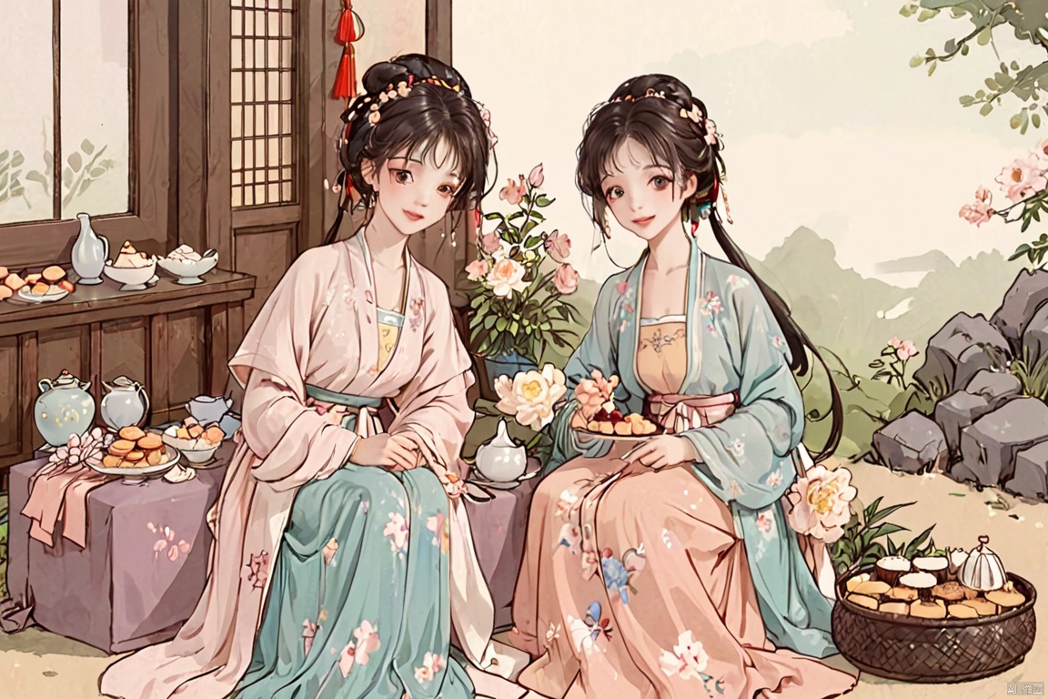  4+ girls, multiple colored hairs, sweet maids, random cute faces, super happy smiling, laughing,group shot, zoom camera, sweet tea party,lots of cakes, macarons, chocolates, parfaits, cookies, land of sweets,hanfu,((harajuku fashion)),((flowers with human eyes, flower eyes)),double exposure,fusion,hanfuray tracing, reflection ligh, HanFu, tianhai