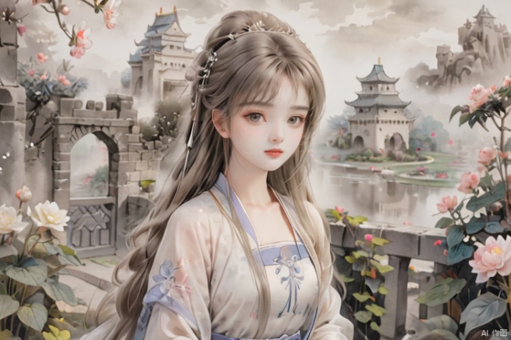  monochrome ,ink wash painting,white 1 girl,solo, blone hair, long hair, princess dress, pretty beautiful makeup, garden, castle, flowers, loli.backgroud,the picture is largely blank ,only a man ,chinese cloth,drawing ,face to viewer,white fog covered everything around him, blank background,