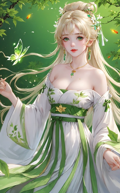  (masterpiece), (best quality), illustration, ultra detailed, hdr, Depth of field, (colorful), loli,1girl,solo,long hair,green eyes,blonde hair,hair ornament,bare shoulders,hanfu,breasts,dress,chinese clothes,white hair,upper body,leaf,bug,cleavage,white dress,