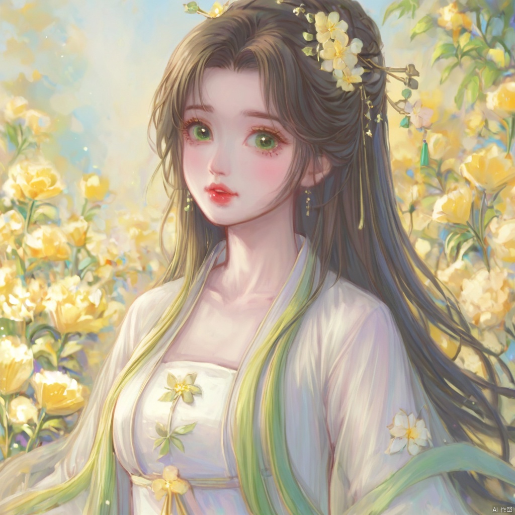  (masterpiece), (best quality), illustration, ultra detailed, hdr, Depth of field, (colorful), loli,1girl, flower, long hair, solo, green eyes, upper body, hair ornament, brown hair, teeth, dress, long sleeves, hanfu,yellow flower, looking at viewer