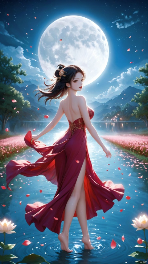 full moon,full body,barefoot,hanfu,sexy,Normal size moon,moonlight,1girl,Girl's posture,black hair,cloud,dress,earrings,falling leaves,falling petals,flower,ginkgo leaf,Duo Lianhua Lian Ye,Close range,Looking at the camera,Headwear,Diagonal body,upper body,above buttocks,Holding a lotus flower in both hands,night,hanfu,holding,jewelry,leaf,leaves in wind,lips,maple leaf,night sky,outdoors,petals,rose petals,sky,solo,water,hand,
