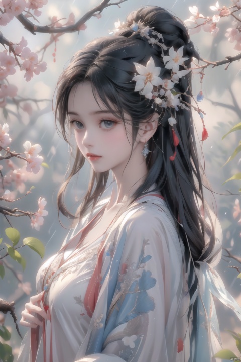 (\yan yu\),rainning,1girl, solo, breasts, long hair, barefoot, long hair, jewelry, forehead mark, necklace, blue eyes, hair ornament, earrings,hair ornament, looking at viewer, flower, from side, red lips, hair flower, upper body, lips, closed mouth, realistic, black eyes, looking to the side, nose, branch