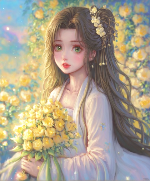  (masterpiece), (best quality), illustration, ultra detailed, hdr, Depth of field, (colorful), loli,1girl, flower, long hair, solo, green eyes, upper body, hair ornament, brown hair, teeth, dress, long sleeves, hanfu,yellow flower, looking at viewer