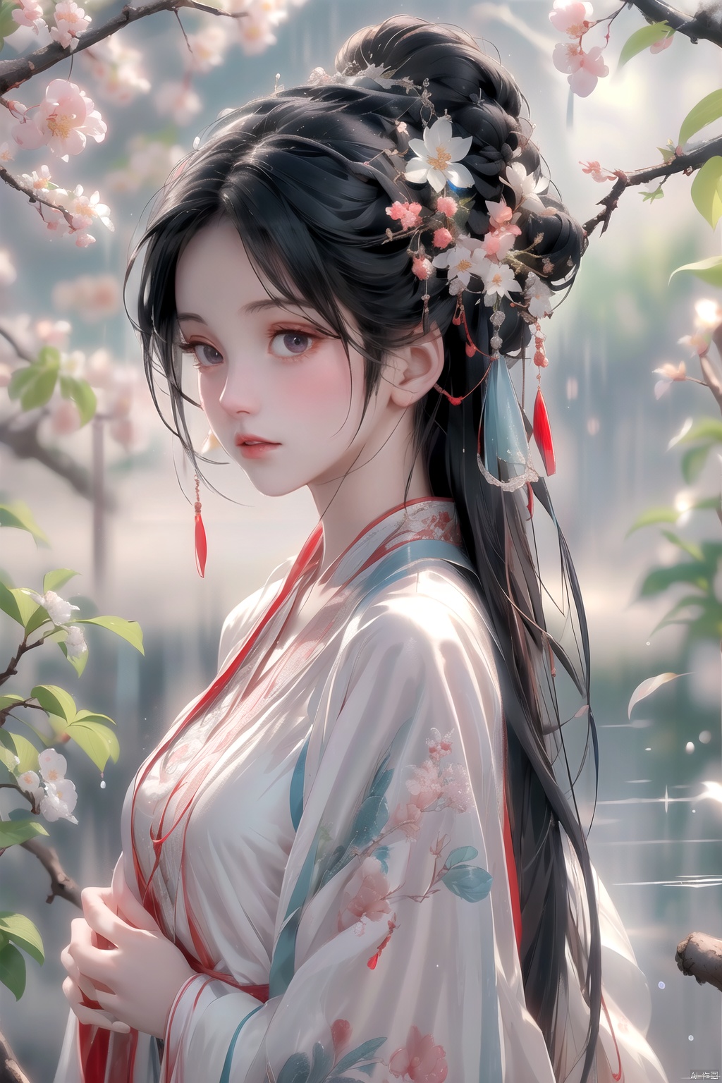 (\yan yu\),rainning,1girl, solo, black hair, long hair, hair ornament, looking at viewer, flower, from side, red lips, hair flower, upper body, lips, closed mouth, realistic, black eyes, looking to the side, nose, branch