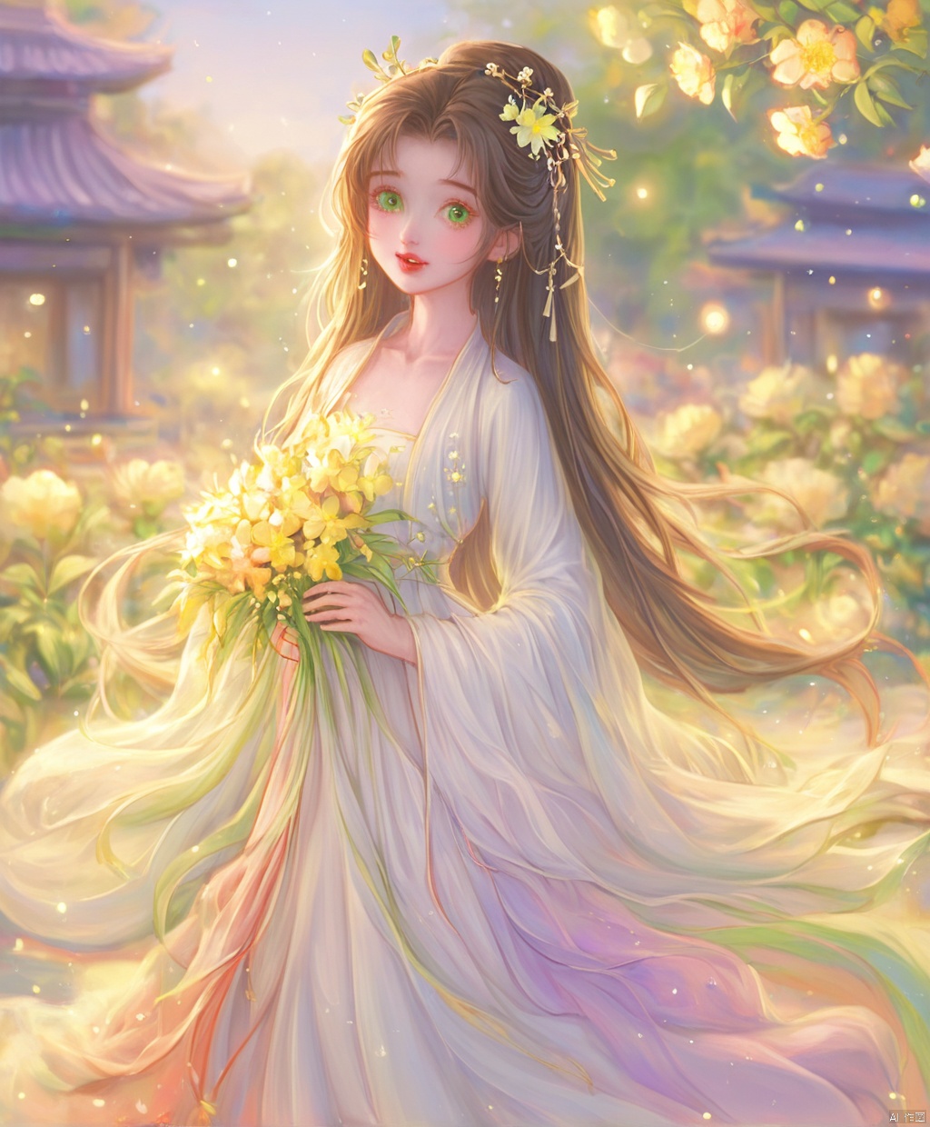  (masterpiece), (best quality), illustration, ultra detailed,full body.barefoot. hdr, Depth of field, (colorful), loli,1girl, flower, long hair, white.hair.solo, green eyes, upper body, hair ornament, brown hair, teeth, dress, long sleeves, hanfu,yellow flower, looking at viewer