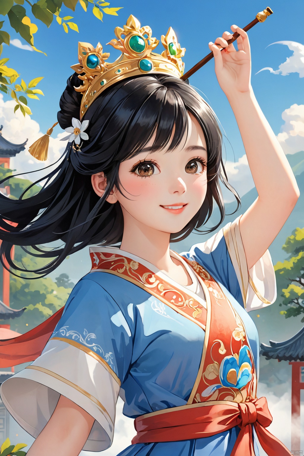 (bestquality), masterpiece, (ultra-detailed), illustration, 8k wallpaper, (extremely detailed CG unity 8k wallpaper), (extremely detailed eyes and face), huge filesize, game cg, llustration style,dream ,A Sunshine Laughs girl with black hair and black eyes, wearing a crown on her head,TT, Holding a magic wand in hand,8k, clear details, rich picture, nature background, flat color, vector illustration, watercolor, dancing, and joyful, Chinese style, cute girl, bpstyle,
