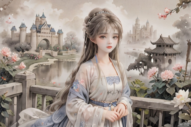  monochrome ,ink wash painting,white 1 girl,solo, blone hair, long hair, princess dress, pretty beautiful makeup, garden, castle, flowers, loli.backgroud,the picture is largely blank ,only a man ,chinese cloth,drawing ,face to viewer,white fog covered everything around him, blank background,