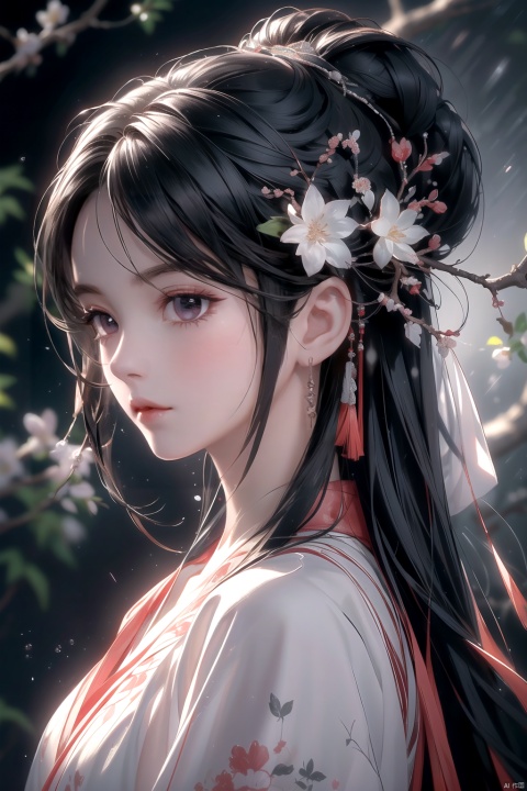 (\yan yu\),rainning,1girl, solo, black hair, long hair, hair ornament, looking at viewer, flower, from side, red lips, hair flower, upper body, lips, closed mouth, realistic, black eyes, looking to the side, nose, branch
