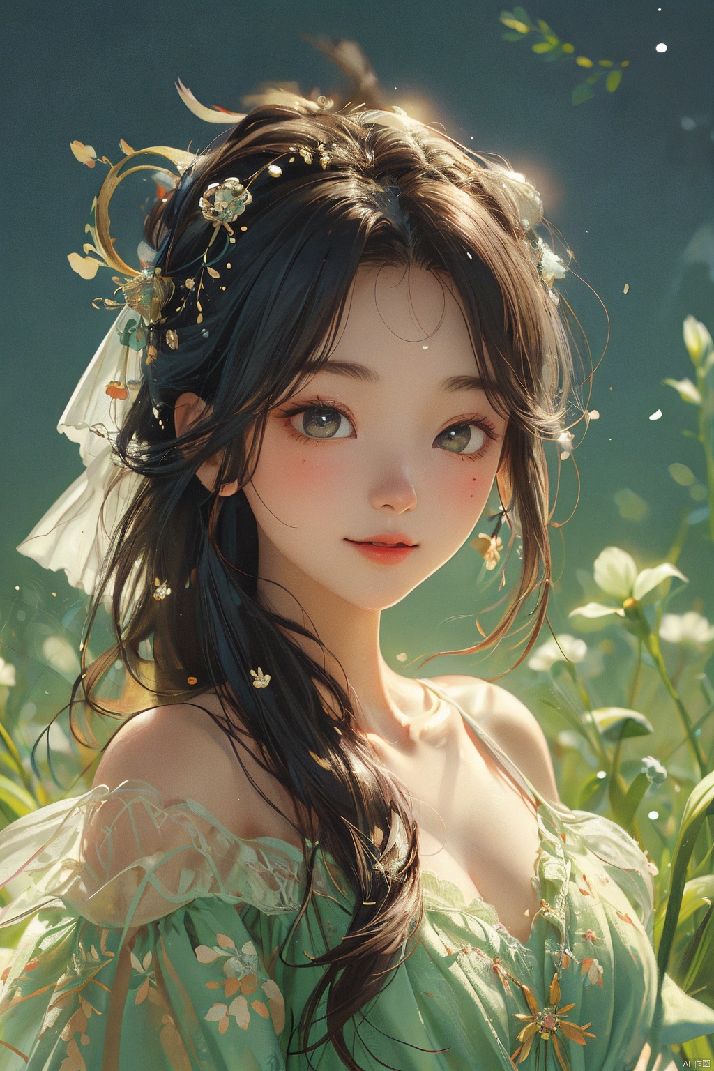  (bestquality), masterpiece, (ultra-detailed), illustration, 8k wallpaper, (extremely detailed CG unity 8k wallpaper), (extremely detailed eyes and face), huge filesize, game cg, llustration style,dream ,A Sunshine Laughs girl with black hair and black eyes, wearing a crown on her head,TT, Holding a magic wand in hand,8k, clear details, rich picture, nature background, flat color, vector illustration, watercolor, dancing, and joyful, Chinese style, cute girl, bpstyle,