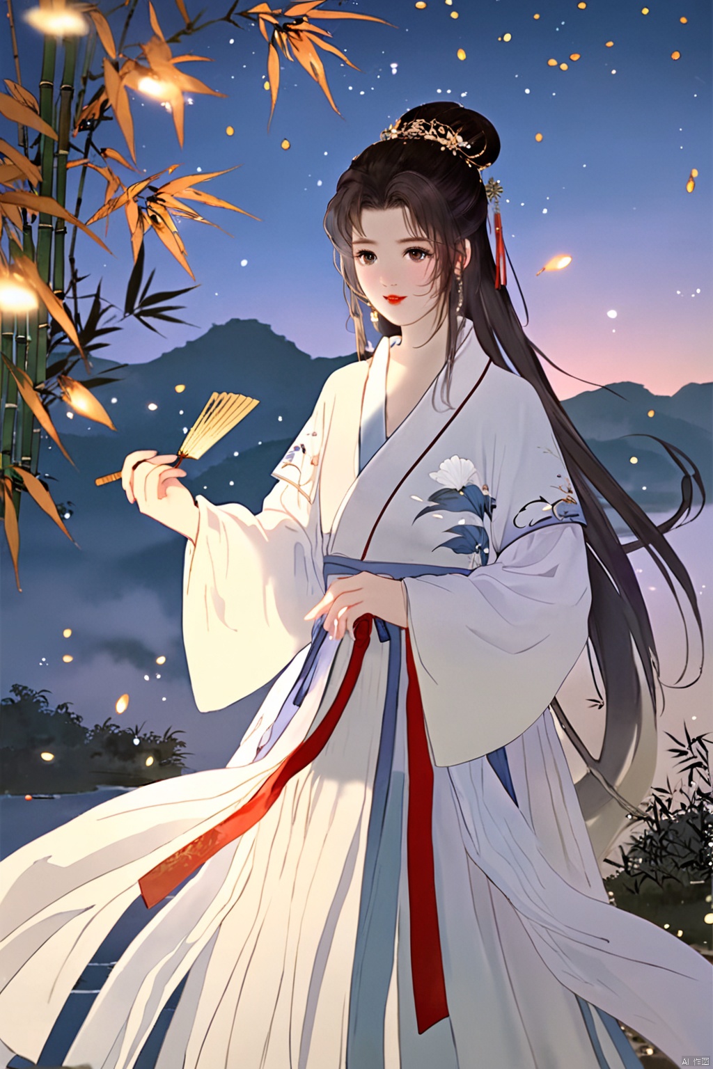 masterpiece,best quality,high quality,(colorful),[Artist miwano rag],[Artist toosaka asagi],[[[Artist wlop]]],[Artist chen bin],Artist Miv4t,1girl, solo, long hair, black hair, hair ornament, dress, sky, hair flower, sash, night, chinese clothes, star \(sky\), night sky, hand fan, lantern, holding fan, paper fan, hanfu,water,lying in the water,(fireflies),bamboo,tree,white theme