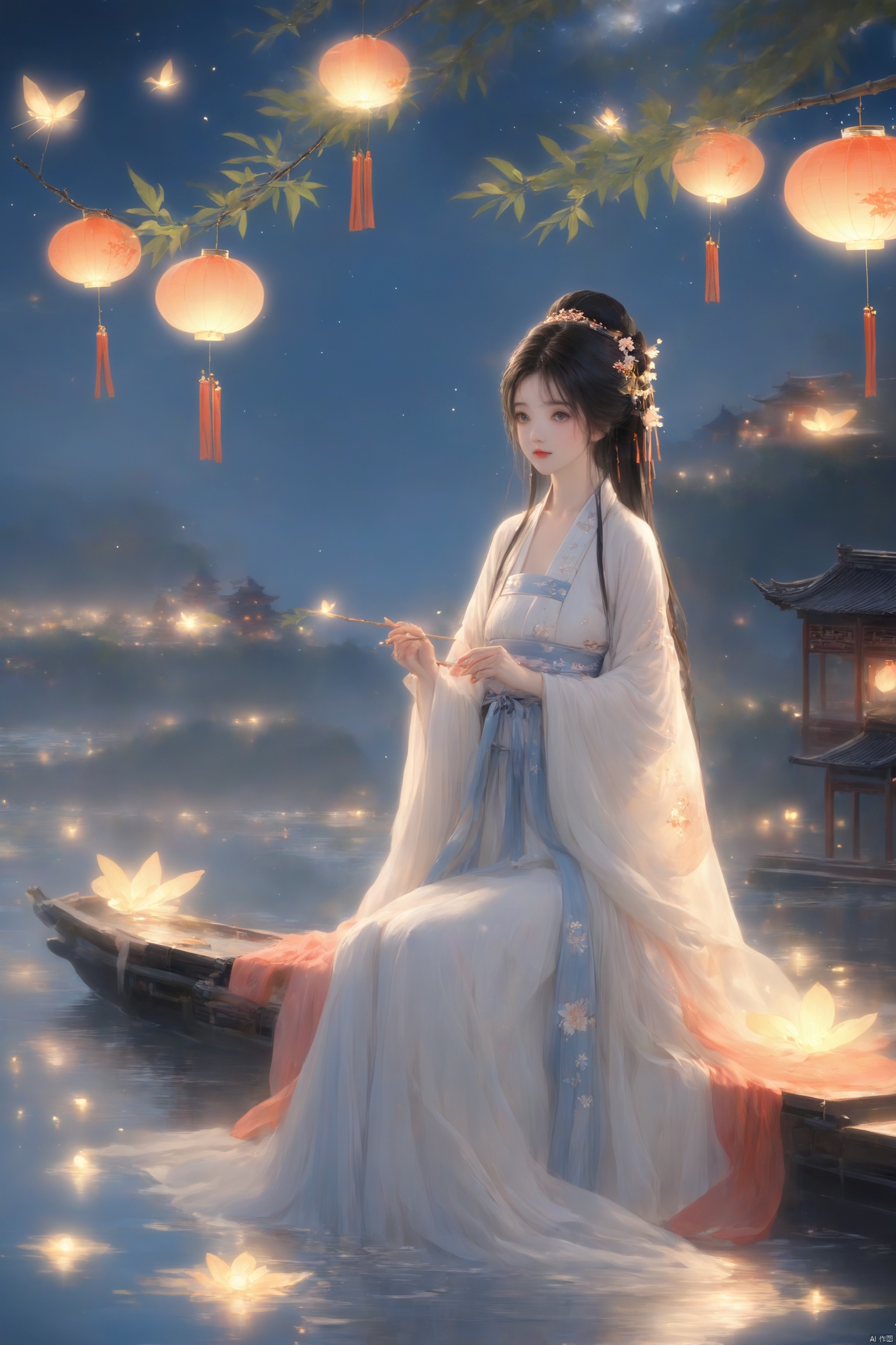 masterpiece,best quality,high quality,(colorful),[Artist miwano rag],[Artist toosaka asagi],[[[Artist wlop]]],[Artist chen bin],Artist Miv4t,1girl, solo, long hair, black hair, hair ornament, dress, sky, hair flower, sash, night, chinese clothes, star \(sky\), night sky, hand fan, lantern, holding fan, paper fan, hanfu,water,lying in the water,(fireflies),bamboo,tree,white theme