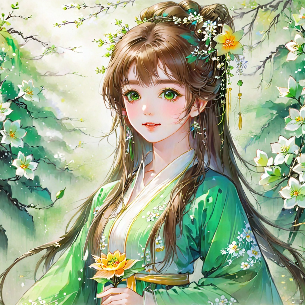  (masterpiece), (best quality), illustration, ultra detailed, hdr, Depth of field, (colorful), loli,1girl, flower, long hair, solo, green eyes, upper body, hair ornament, brown hair, teeth, dress, long sleeves, hanfu,yellow flower, looking at viewer