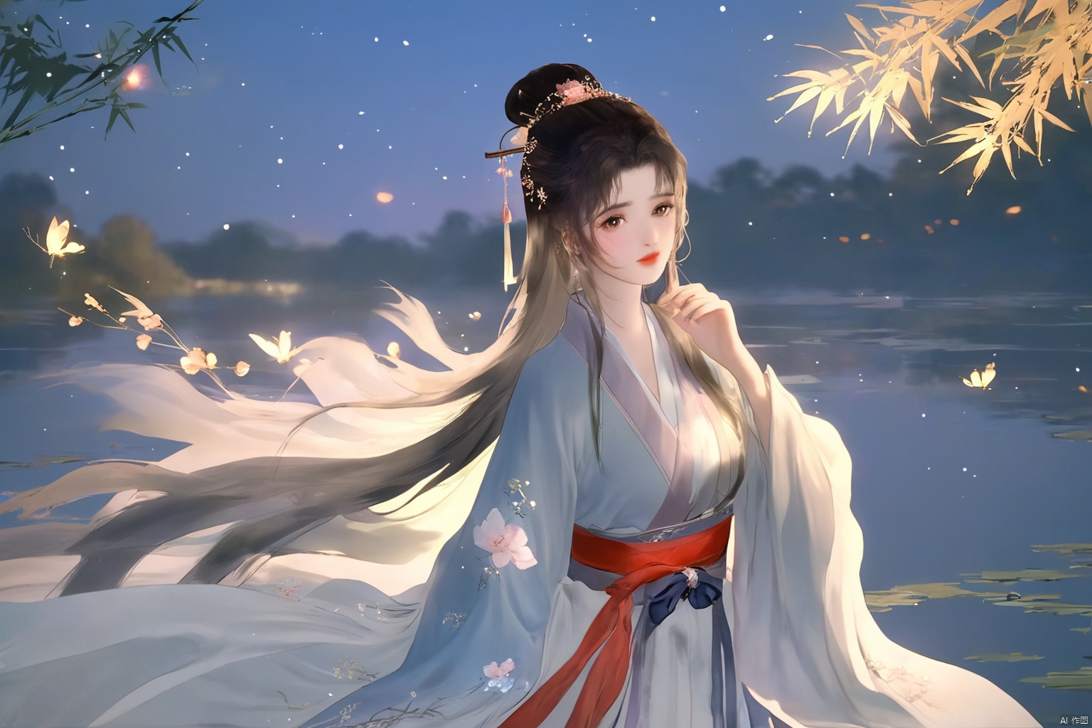 masterpiece,best quality,high quality,(colorful),[Artist miwano rag],[Artist toosaka asagi],[[[Artist wlop]]],[Artist chen bin],Artist Miv4t,1girl, solo, long hair, black hair, hair ornament, dress, sky, hair flower, sash, night, chinese clothes, star \(sky\), night sky, hand fan, lantern, holding fan, paper fan, hanfu,water,lying in the water,(fireflies),bamboo,tree,white theme