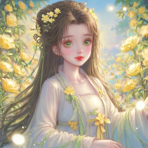  (masterpiece), (best quality), illustration, ultra detailed, hdr, Depth of field, (colorful), loli,1girl, flower, long hair, solo, green eyes, upper body, hair ornament, brown hair, teeth, dress, long sleeves, hanfu,yellow flower, looking at viewer