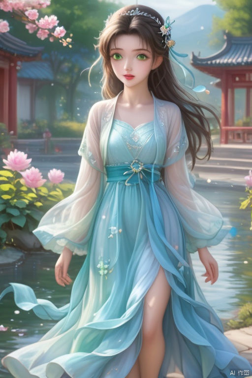  (masterpiece), (best quality), A man and a woman were walking side by side，illustration, ultra detailed,full body.barefoot. hdr, Depth of field, (colorful), loli,1girl, flower, long hair, white.hair.solo, green eyes, upper body, hair ornament, brown hair, teeth, dress, long sleeves, hanfu,yellow flower, looking at viewer