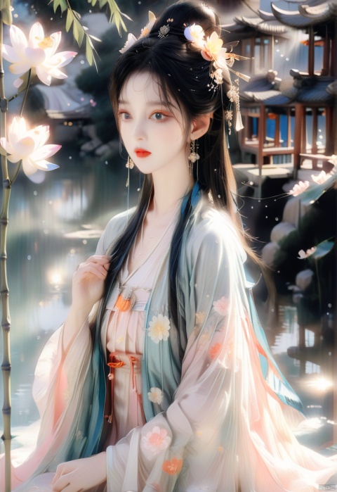  (sunlight, beautiful sky, floating hair, Fisheye lens lens, dynamic angle, distant view, panorama ,overlook,barefoot), ((Ancient_Chinese_architecture)), (short sleeves),with a combination of Morgan colors, Qiu Ying's painting style, And high end color matching, ((A beautiful girl sitting on a bamboo raft in the water, swimming downstream, Huge lotus, rain, (full body), aqua_china_dress)), (bright light,fantasy), ((spotted light)),1 girl, ((black hair, shy, blush)), arien_hanfu, (\hui mou\), dingxianghua, guofeng, Anime style, dunhuang, hanfu, cexz1,cexz2,cexz3,cexz4,cexz5,changexian, dancedress,chinese cloths,song style outfits,bare_foot,stadning,full_body,flowers ,(innocent grey),fox girl,fairy