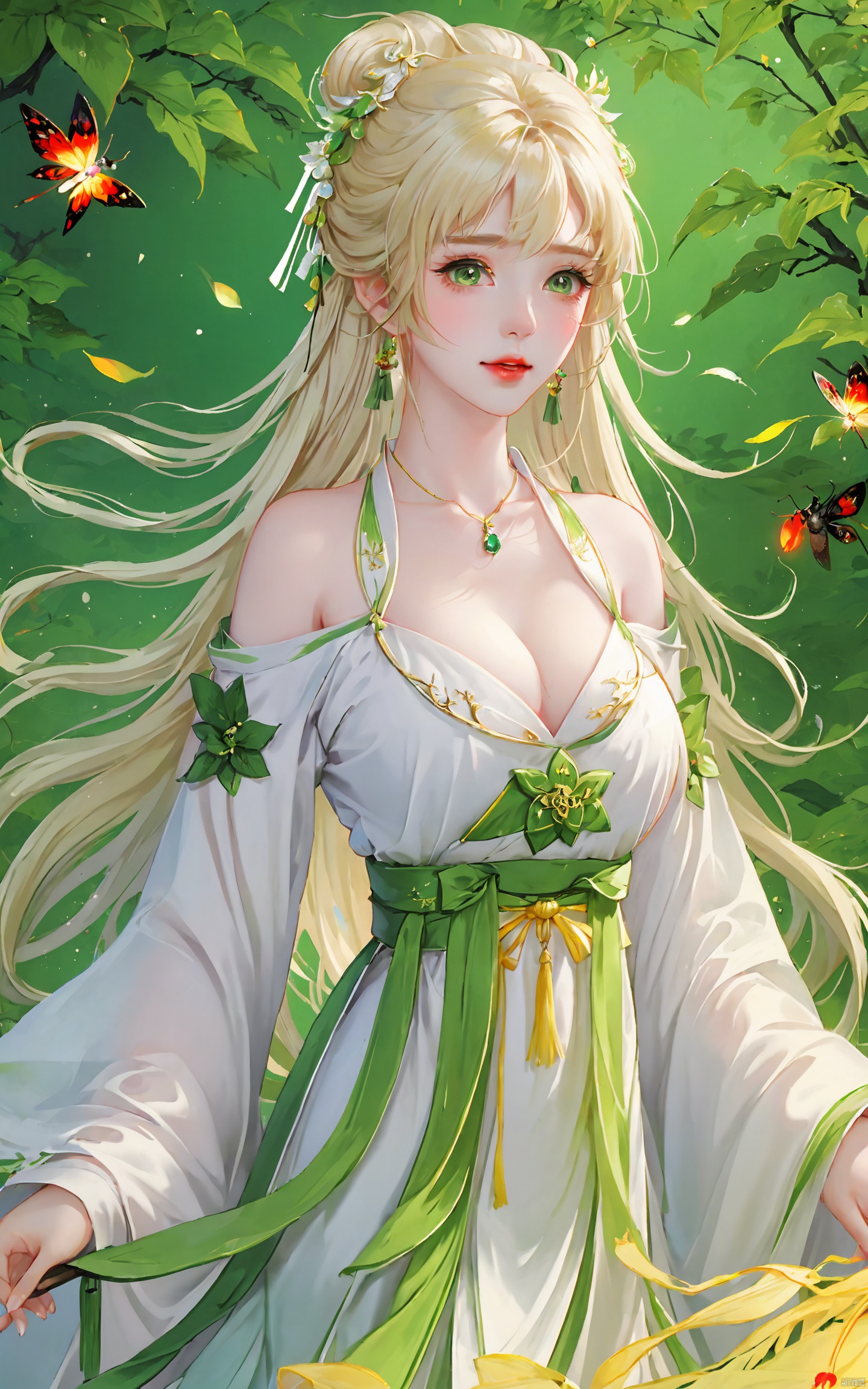  (masterpiece), (best quality), illustration, ultra detailed, hdr, Depth of field, (colorful), loli,1girl,solo,long hair,green eyes,blonde hair,hair ornament,bare shoulders,hanfu,breasts,dress,chinese clothes,white hair,upper body,leaf,bug,cleavage,white dress,