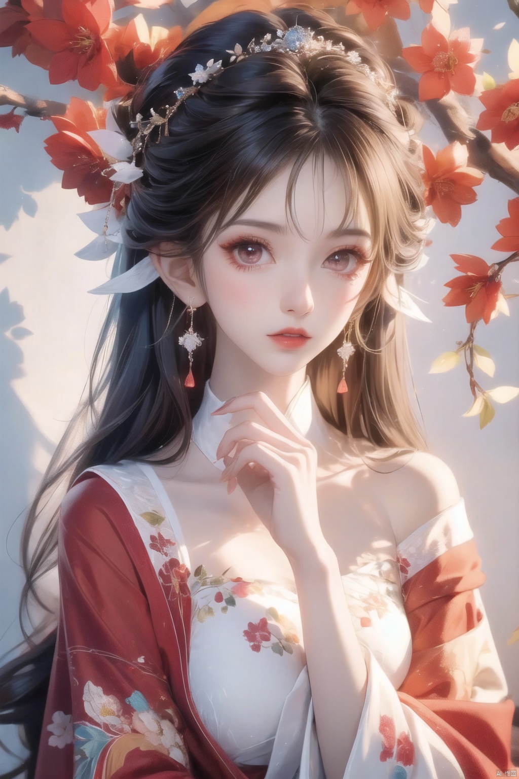 1girl, solo, long hair, black hair, hair accessories, jewelry, closed mouth, upper body, flowers, earrings, blur, side, eyelashes, side, makeup, red background, Chinese costume, red flowers, fringe, branch, red lips, fringe earrings, fruit grain, no hand, very beautiful, masterpiece, best quality, super detail, animation style, key vision, 1 girl