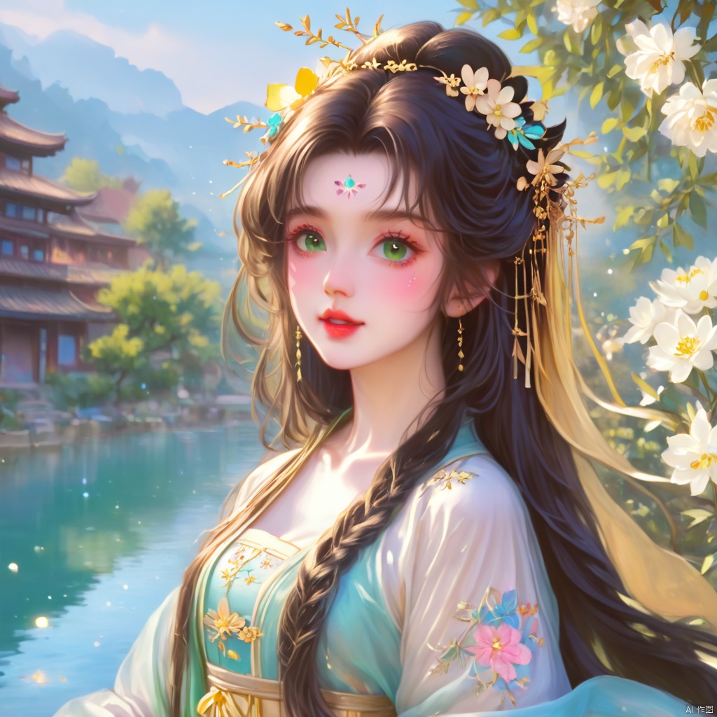  (masterpiece), (best quality), illustration, ultra detailed, hdr, Depth of field, (colorful), loli,1girl, flower, long hair, solo, green eyes, upper body, hair ornament, brown hair, teeth, dress, long sleeves, hanfu,yellow flower, looking at viewer