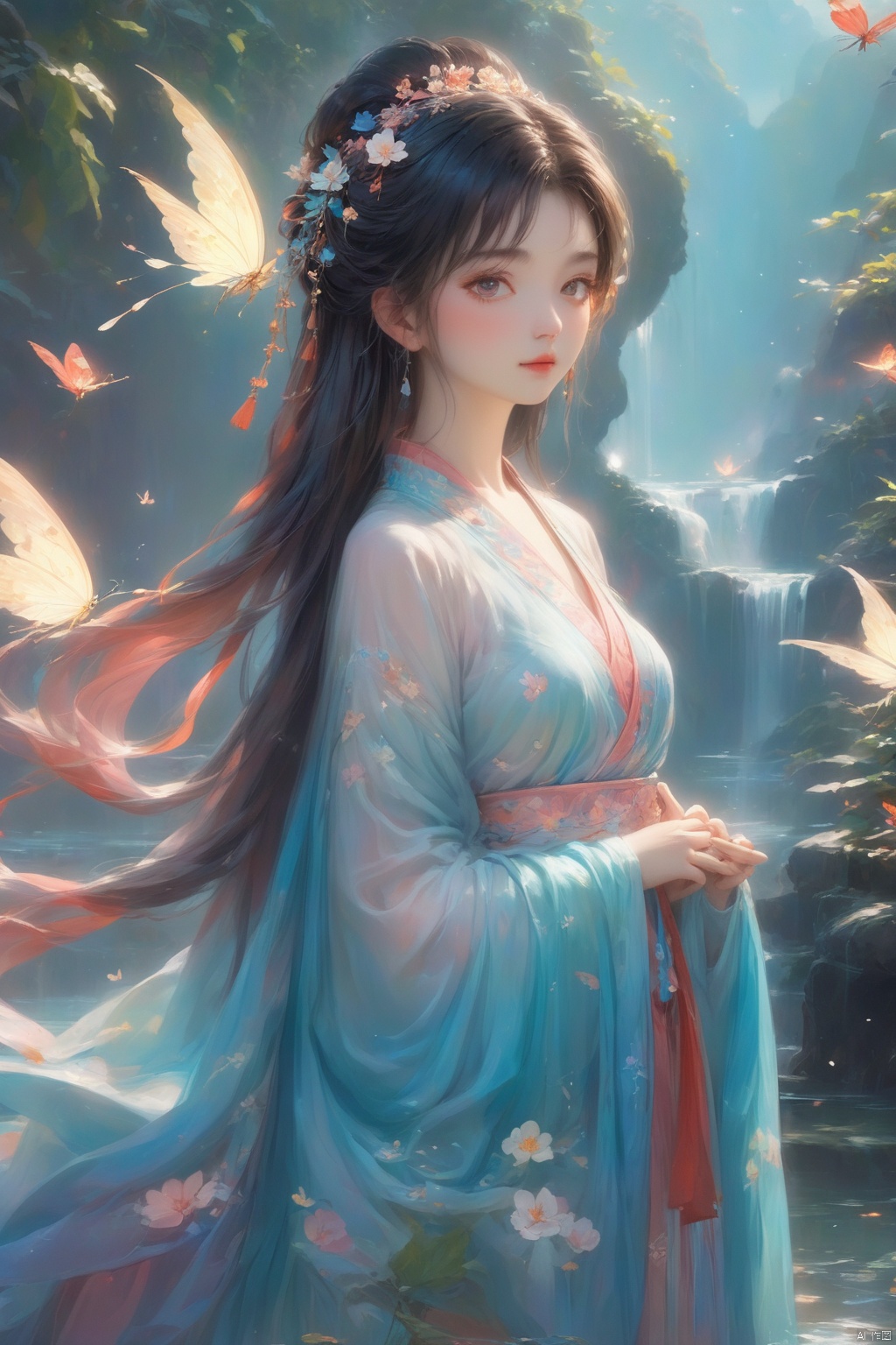  1gril,,hanfu,full body, cloak, QINGYI, shidudou,blue butterfly, in a colorful fantasy realism style, realistic color palette, wink and you miss details,chinese painting\(gongbi\),young woman bathing under a waterfall in an dream like forest,extremely detailed,detailed face,intricate detail,background\(gongbi\),    blue butterfly, in a colorful fantasy realism style, realistic color palette, wink and you miss details, japanese style art, fluid and organic shapes, light teal and light red, light reflection,blue butterfly, in a colorful fantasy realism style, realistic color palette, wink and you miss details,sleeve,flower headband,roses background,4k,8k,round eyes,round pupil,happy,colourful,fantasy magical,complex hair detail,happy,texture on clothings,fireflies,