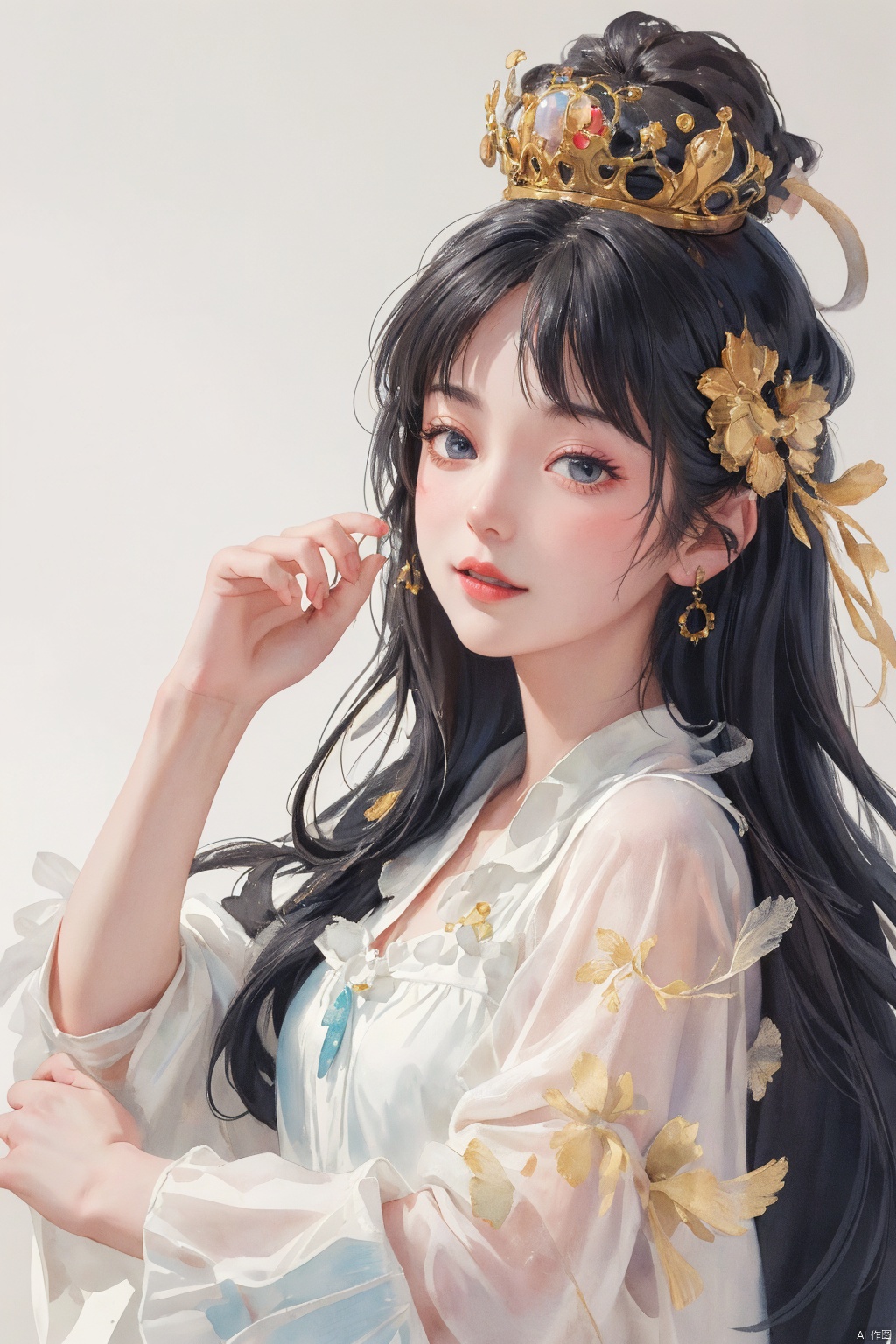  (bestquality), masterpiece, (ultra-detailed), illustration, 8k wallpaper, (extremely detailed CG unity 8k wallpaper), (extremely detailed eyes and face), huge filesize, game cg, llustration style,dream ,A Sunshine Laughs girl with black hair and black eyes, wearing a crown on her head,TT, Holding a magic wand in hand,8k, clear details, rich picture, nature background, flat color, vector illustration, watercolor, dancing, and joyful, Chinese style, cute girl, bpstyle,